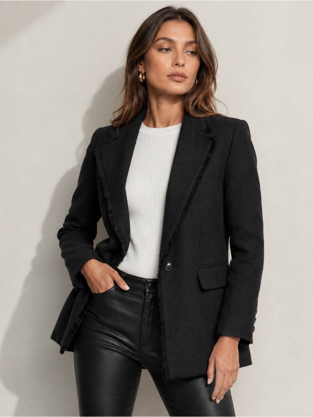 NWT Karl Lagerfeld Frayed Edge Detail Tweed Blazer Black Size 12